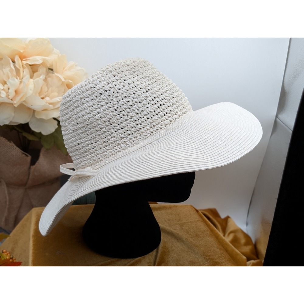 Ivory Crochet Wide Brim Sun Hat with Side Bow Accent Cottagecore Coastal Boho